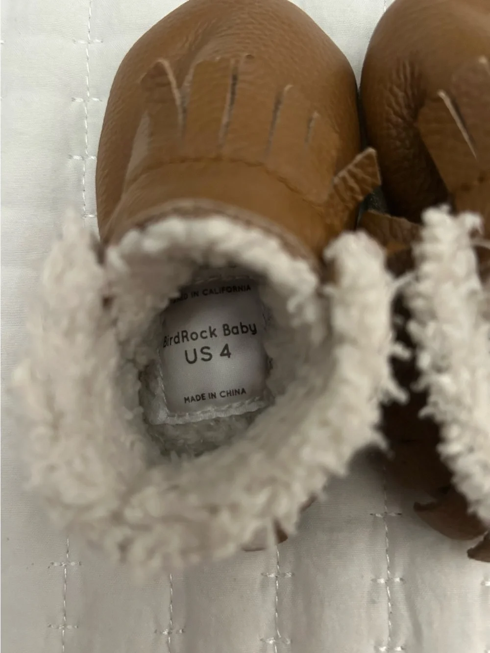 BirdRock Baby Brown Fringed Sherpa Lined Leather Moccasins Size 4